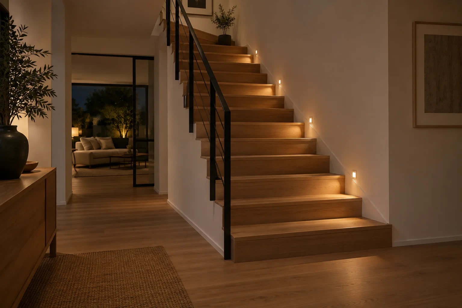 Escalier intérieur en bois balisé par des lumières murales basses et chaudes
