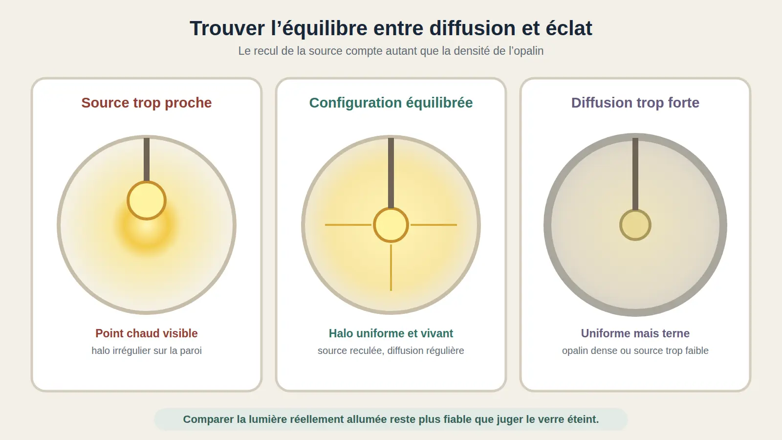 Comparaison entre une source trop proche, un abat-jour opalin équilibré et un diffuseur trop opaque