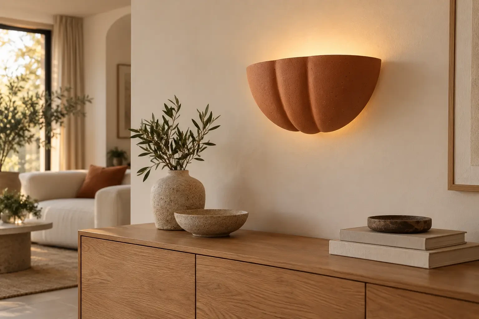 Illustration d’une demi-coque terracotta nervurée au-dessus d’un buffet en chêne, avec halo sur un mur écru.