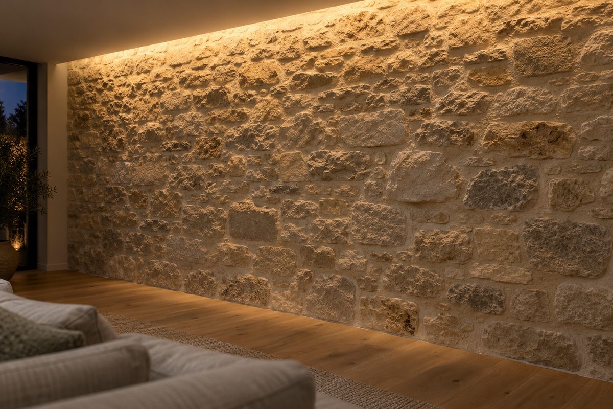 Mur en pierre de parement révélé par une lumière rasante descendant du plafond