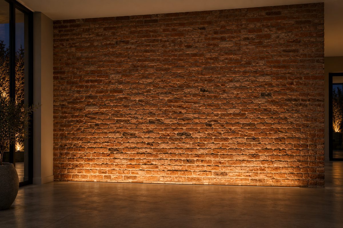 Mur de brique rouge éclairé en lumière montante depuis une fente au sol
