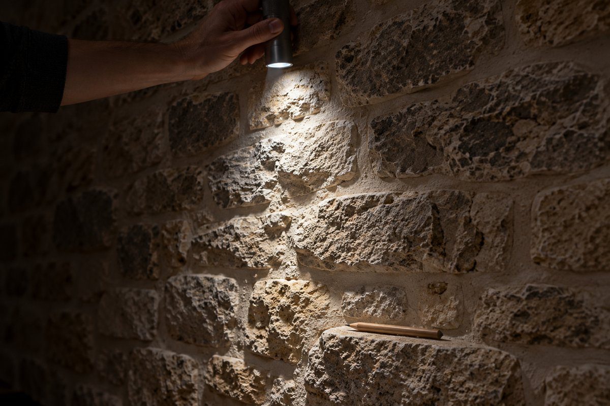 Main tenant une lampe torche contre un mur en pierre pour tester la lumière rasante