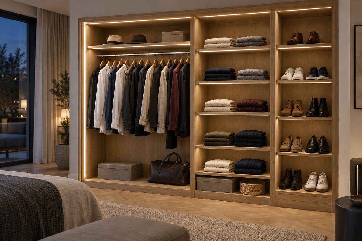 Dressing ouvert en bois clair éclairé par des lignes LED sous les étagères et montants