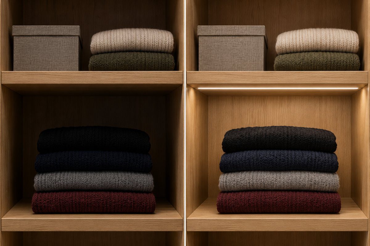 Même étagère de dressing éclairée par un plafonnier puis par un ruban LED