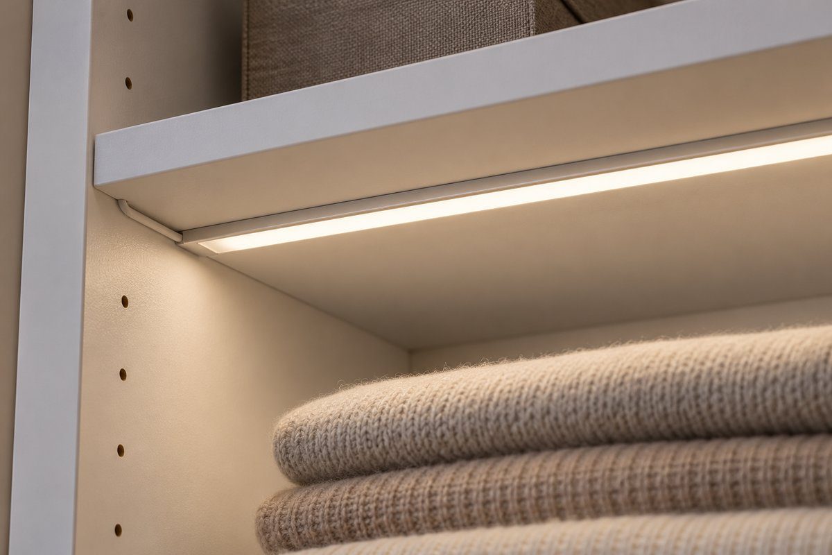 Profilé LED avec diffuseur opale fixé sous une étagère en retrait du chant
