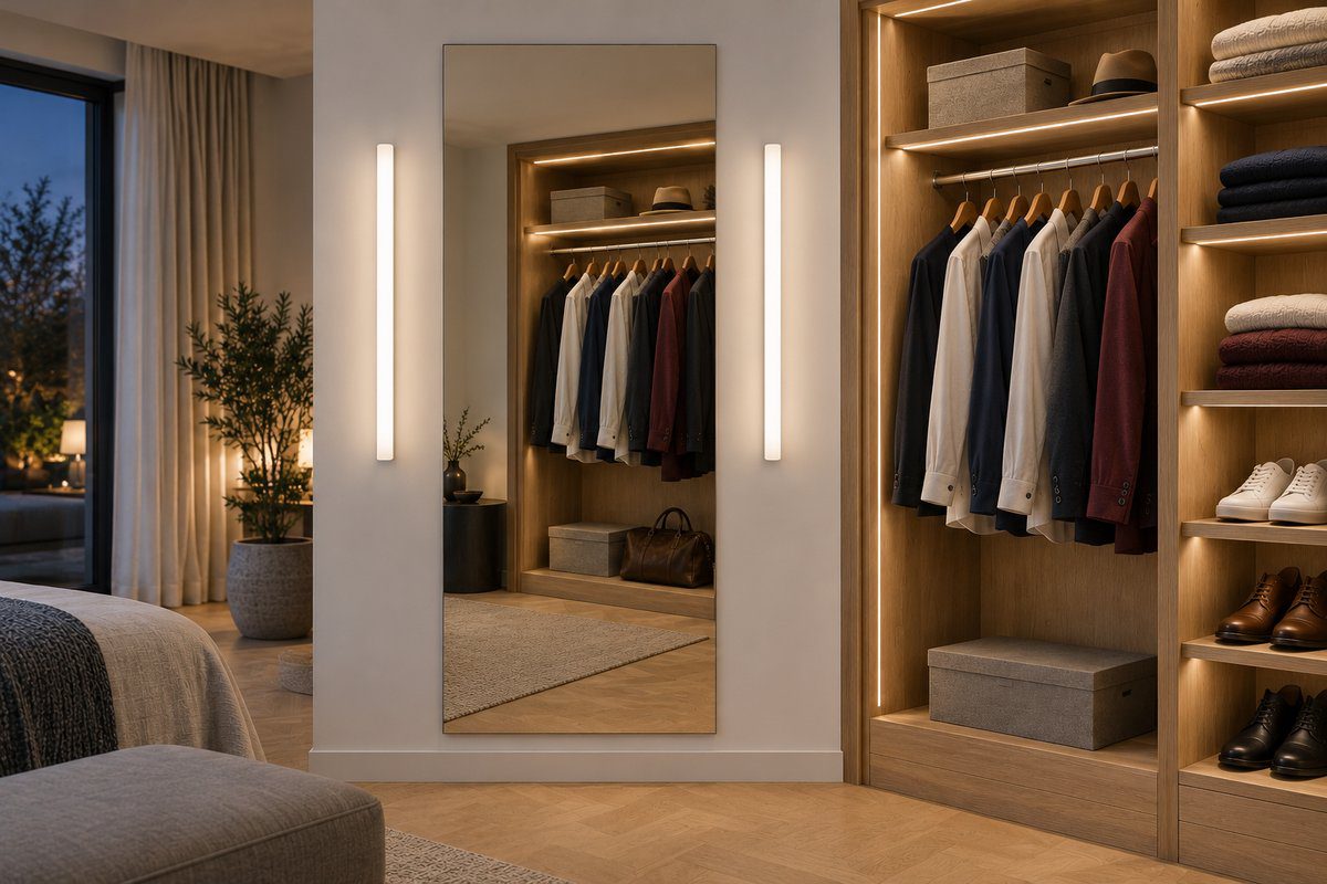Miroir de dressing encadré de deux appliques verticales à diffuseur opale